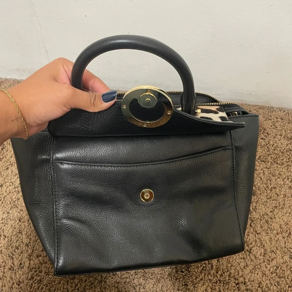 Michael Kors Black‎ Leopard Trim Satchel Handbag Gold MK Logo